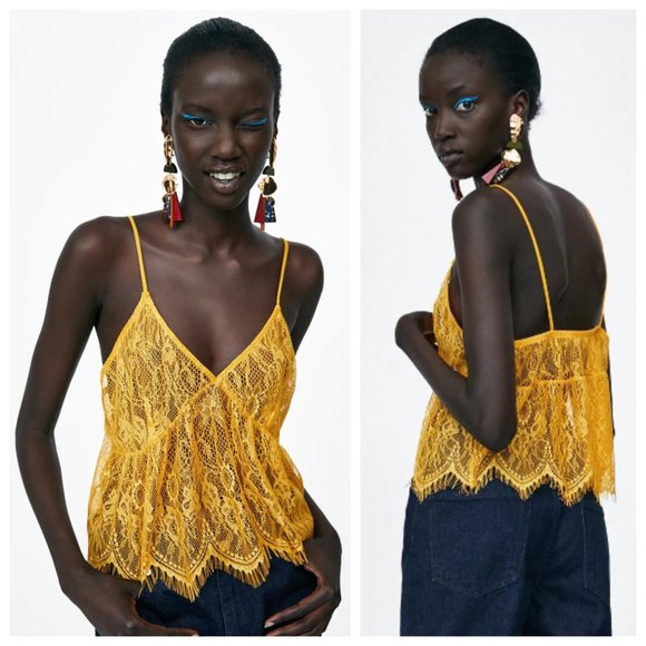 Zara Mustard Yellow Plunge Lace Cami Crop Top - Picture 1 of 8